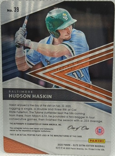 HUDSON HASKIN 2020 Panini Elite Extra RC AUTO PRINTING PLATE SP #1/1 Orioles of