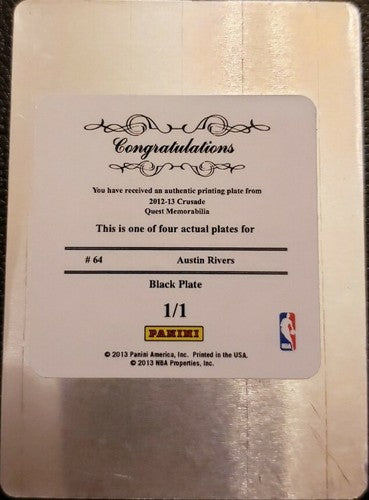 AUSTIN RIVERS 2012-13 Panini Crusade Quest Memorabilia PRINTING PLATE 1/1 Knicks