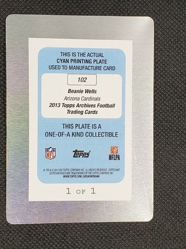 CHRIS BEANIE WELLS 2013 Topps Archives PRINTING PLATE SP #1/1 Arizona Cardinals