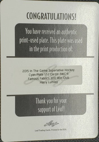 HARRY LUMLEY 2015 Leaf In the Game Superlative PRINTING PLATE SP #1/1 Red Wings