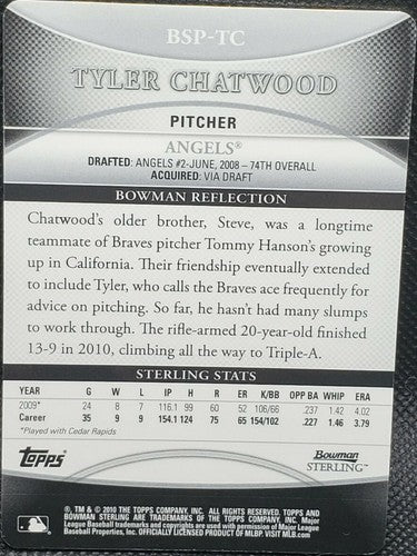 TYLER CHATWOOD 2010 Bowman Sterling RC PRINTING PLATE #1/1 Angels Rockies One of