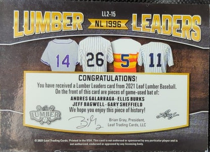 Jeff BAGWELL Gary SHEFFIELD Ellis BURKS GALARRAGA 2021 Lumber QUAD BAT PATCH #/4