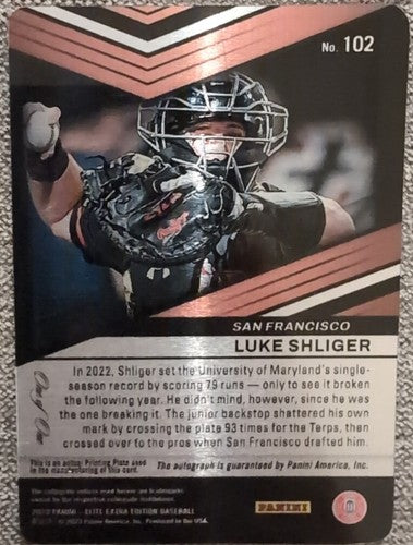 LUKE SHLIGER 2023 Panini Elite Extra Edition RC AUTO PRINTING PLATE #1/1 Giants