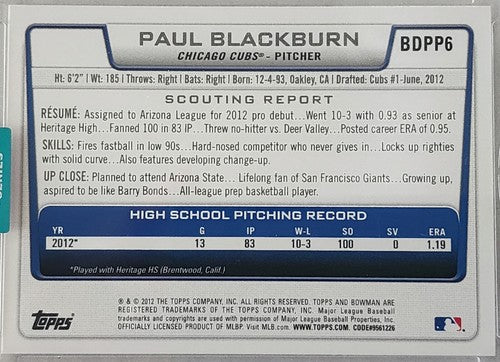 PAUL BLACKBURN 2024 Topps Archives 2012 1st Bowman AUTO SP /9 Athletics A's Cubs