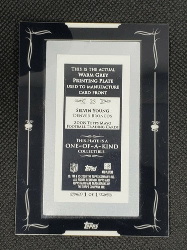 SELVIN YOUNG 2008 Topps Mayo Framed Mini PRINTING PLATE SP #1/1 Denver Broncos