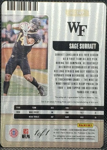 SAGE SURRATT 2021 Panini Contenders Draft Picks RC AUTO PRINTING PLATE 1/1 Lions
