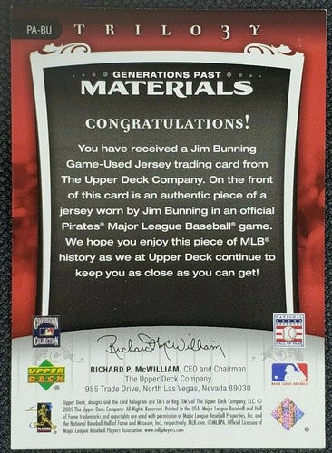 JIM BUNNING 2005 Upper Deck Trilogy GAME USED WORN JERSEY Silver SP /99 Phillies