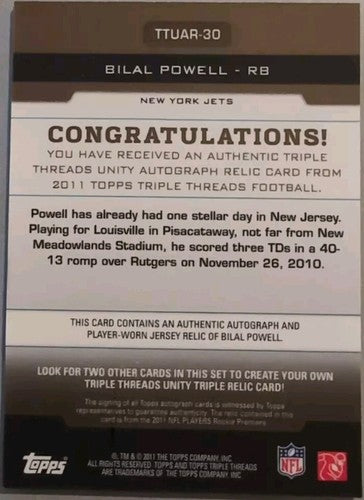 BILAL POWELL 2011 Topps Triple Threads Unity DUAL RC AUTO JERSEY SEPIA #/75 Jets