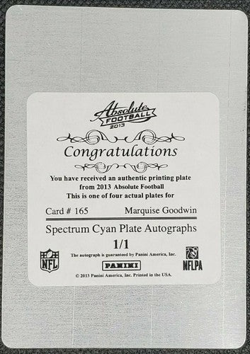 MARQUISE GOODWIN 2013 Panini Absolute Spectrum RC AUTO PRINTING PLATE #1/1 Bills