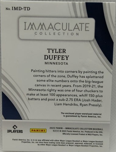 TYLER DUFFEY 2022 Panini Immaculate DUAL Game Used CLEATS PATCH #2/10 Twins Cubs