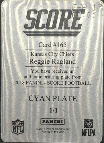 REGGIE RAGLAND 2018 Panini Score Cyan PRINTING PLATE SP 1/1 Chiefs Giants One of