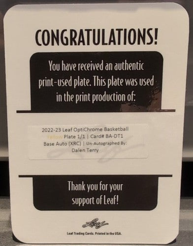 DALEN TERRY 2022-23 Leaf OptiChrome RC PRINTING PLATE 1/1 Bulls Arizona Wildcats