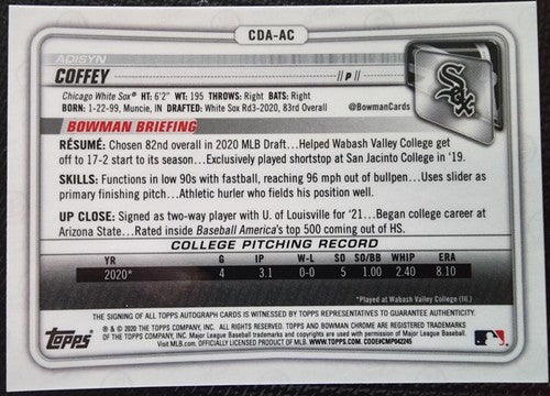 ADISYN COFFEY 2020 Topps Bowman Chrome Rookie Prospect RC AUTO Chicago White Sox