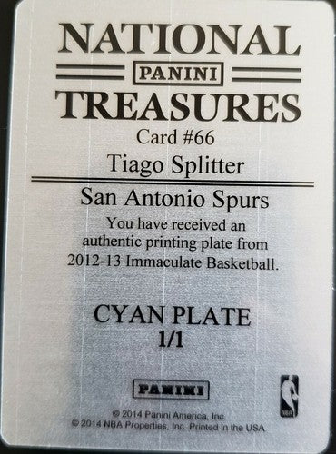 TIAGO SPLITTER 2012-13 Immaculate Collection PRINTING PLATE SP #1/1 Spurs One of