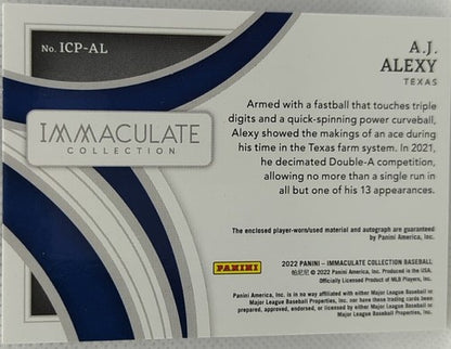 A.J. ALEXY 2022 Panini Immaculate DUAL AUTO HAT BUTTON HOLE PATCH 1/6 Rangers AJ
