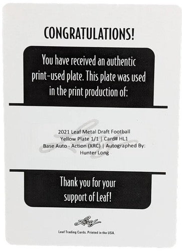HUNTER LONG 2021 Leaf Metal Draft Action XRC AUTO PRINTING PLATE 1/1 Dolphins BC