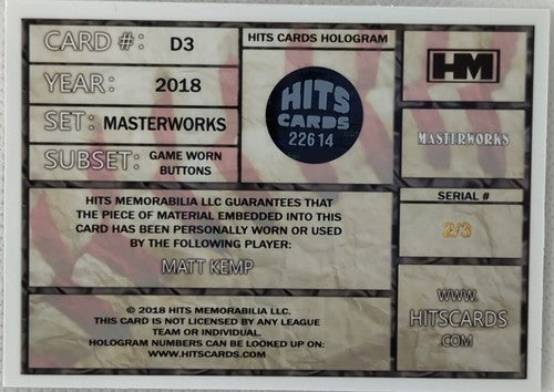 MATT KEMP 2018 Hits Masterworks Game Used Jersey BUTTON PATCH SP #2/3 LA Dodgers