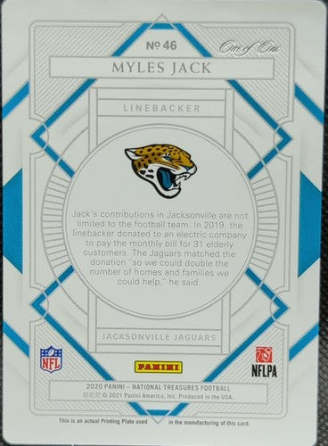 MYLES JACK 2020 Panini National Treasures PRINTING PLATE SP #1/1 Jaguars One of