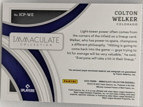 COLTON WELKER 2022 Panini Immaculate DUAL AUTO Jersey BUTTON PATCH #2/10 Rockies