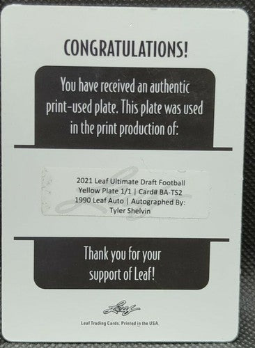 TYLER SHELVIN 2021 Leaf Ultimate Draft 1990 RC AUTO PRINTING PLATE #1/1 Bengals