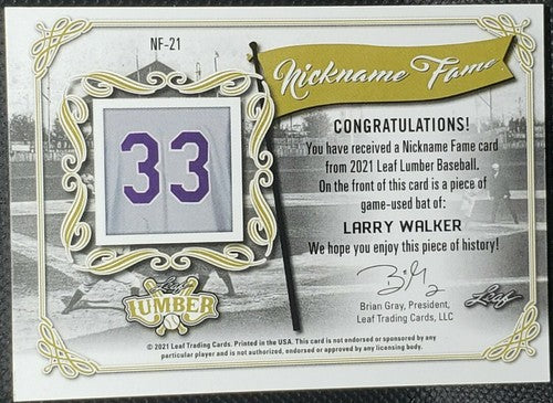 LARRY WALKER 2021 Leaf Lumber Nickname GAME USED BAT PATCH SP #/4 Expos Rockies