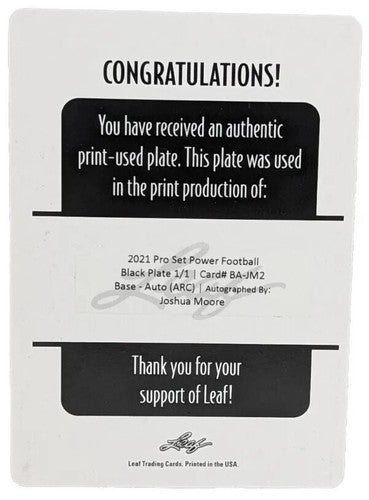 JOSHUA MOORE 2021 Leaf Pro Set Power RC AUTO PRINTING PLATE #1/1 Texas Longhorns