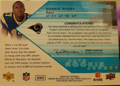 DONNIE AVERY 2008 Upper Deck SPX Rookie Triple Jersey AUTO Autograph #/599 Rams