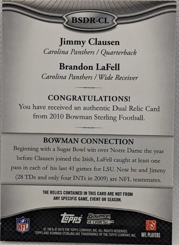 Jimmy CLAUSEN Brandon LaFELL 2010 Bowman Sterling LOGO PATCH PRINTING PLATE #1/1