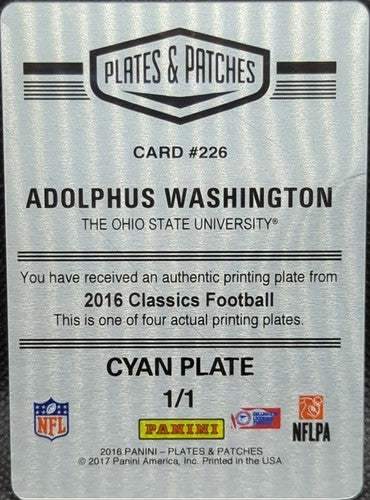 ADOLPHUS WASHINGTON 2016 Panini Classics RC PRINTING PLATE #1/1 Bills OSU One of