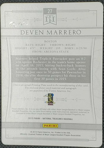 DEVEN MARRERO 2015 Panini National Treasures DUAL AUTO PATCH PRINTING PLATE #1/1