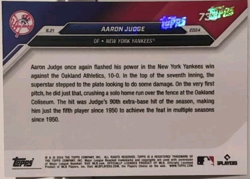 AARON JUDGE 2024 Topps Now MLB 9.21 Yankees A's 5th Player 1950 w 90 XBH #733 SP