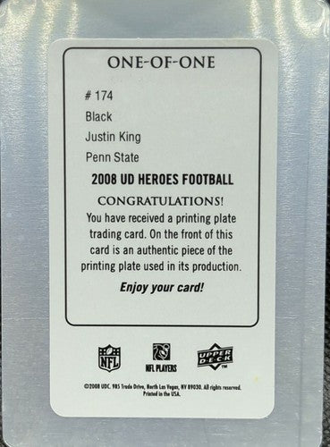 JUSTIN KING 2008 UD Upper Deck Heroes RC PRINTING PLATE SP 1/1 Rams Colts One of