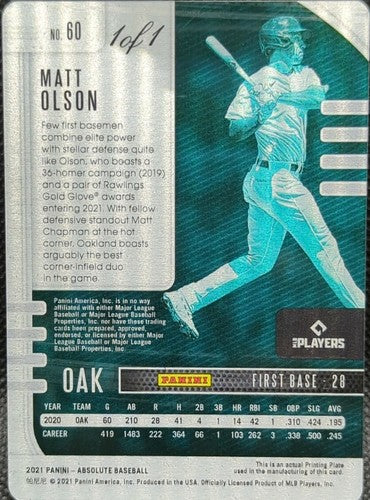 MATT OLSON 2021 Panini Absolute PRINTING PLATE SP #1/1 Oakland A's Braves One of