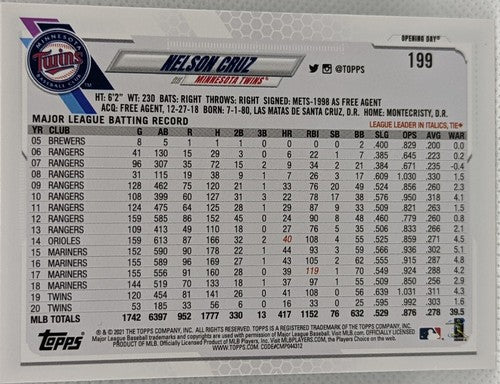 NELSON CRUZ 2021 Topps Transcendent VIP PARTY Opening Day SP #1/1 Twins Rangers