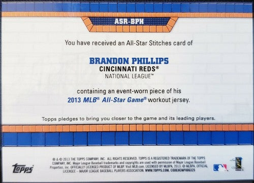 BRANDON PHILLIPS 2013 Topps Update All Star Game Stitches Event Used Jersey Reds
