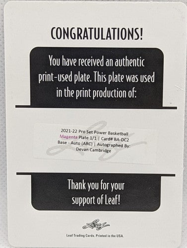 DEVAN CAMBRIDGE 2021-22 Leaf Pro Set Power RC AUTO PRINTING PLATE SP #1/1 One of