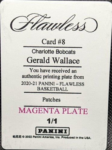 GERALD WALLACE 2020-21 Panini Flawless Patches PRINTING PLATE SP #1/1 Bobcats of
