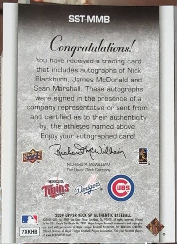 Sean MARSHALL Nick BLACKBURN James McDONALD 2009 SP Authentic TRIPLE RC AUTO /10