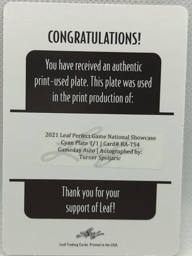 TURNER SPOLJARIC 2021 Perfect Game National Showcase AUTO PRINTING PLATE #1/1 of