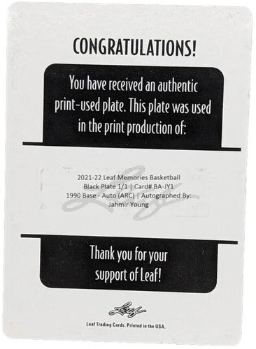 JAHMIR YOUNG 2021-22 Leaf Memories 1990 RC AUTO PRINTING PLATE SP #1/1 Maryland
