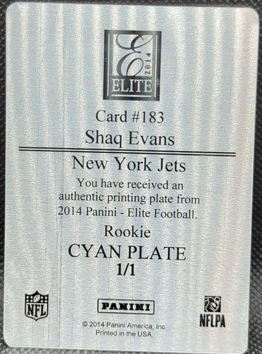 SHAQ EVANS 2014 Panini Elite RC PRINTING PLATE SP #1/1 Jets Roughriders One of