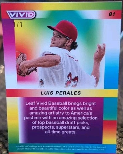 LUIS PERALES 2023 Leaf Vivid RC PURPLE LASER PRIZM REFRACTOR SP #1/1 Red Sox of