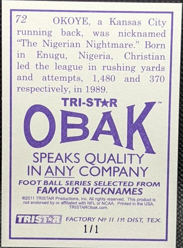 CHRISTIAN OKOYE 2011 TriStar Obak "Nigerian Nightmare" PURPLE #1/1 Chiefs One of