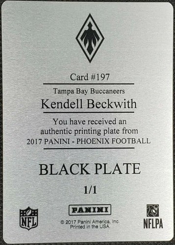 KENDALL BECKWITH 2017 Panini Phoenix RC PRINTING PLATE SP #1/1 Buccaneers One of