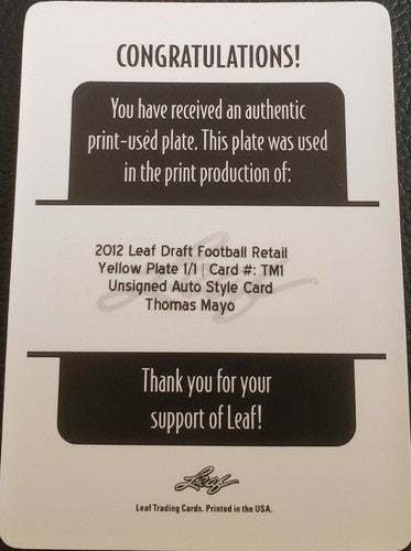 THOMAS MAYO 2012 Leaf Draft Young Stars RC PRINTING PLATE SP #1/1 Raiders Jets