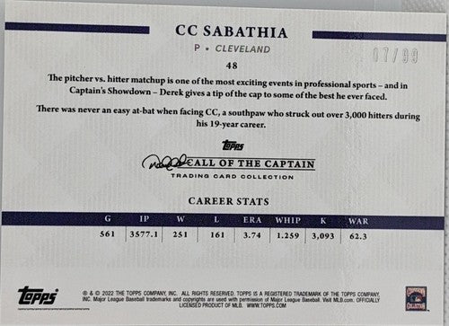 C. C. SABATHIA 2022 Topps X Derek Jeter Captain's Showdown SILVER /99 Yankees CC
