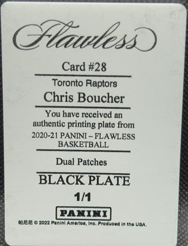 CHRIS BOUCHER 2020-21 Panini Flawless Dual Patches PRINTING PLATE 1/1 Raptors of