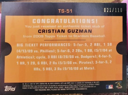 CRISTIAN GUZMAN 2009 Topps Ticket to Stardom Stub Relic SP 2008 Nationals Padres
