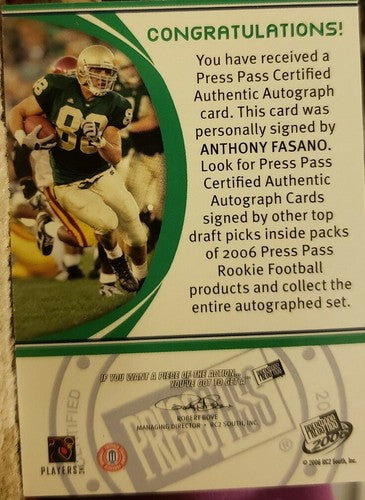ANTHONY FASANO 2006 Press Pass Rookie AUTO Autograph Inscription SP /75 Cowboys