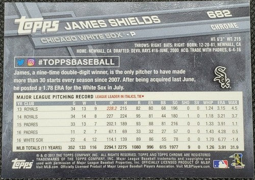 JAMES SHIELDS 2017 Topps Chrome Sapphire SP #1/1 2018 Transcendent VIP White Sox